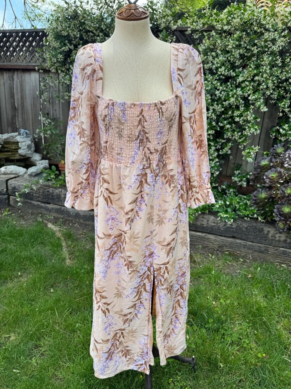 House Of Harlow 1960 Floral Smocked Dress Peasant Linen Blend Boho Sz Large - Picture 1 of 10
